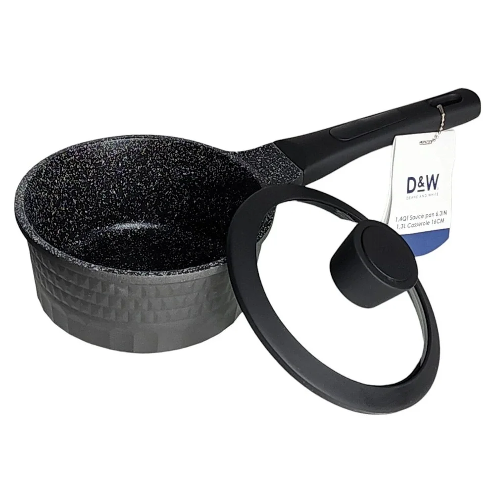 D&W Premium Cookware 6.3in Saucepan Casserole Nonstick With Lid 1.4Qt Black